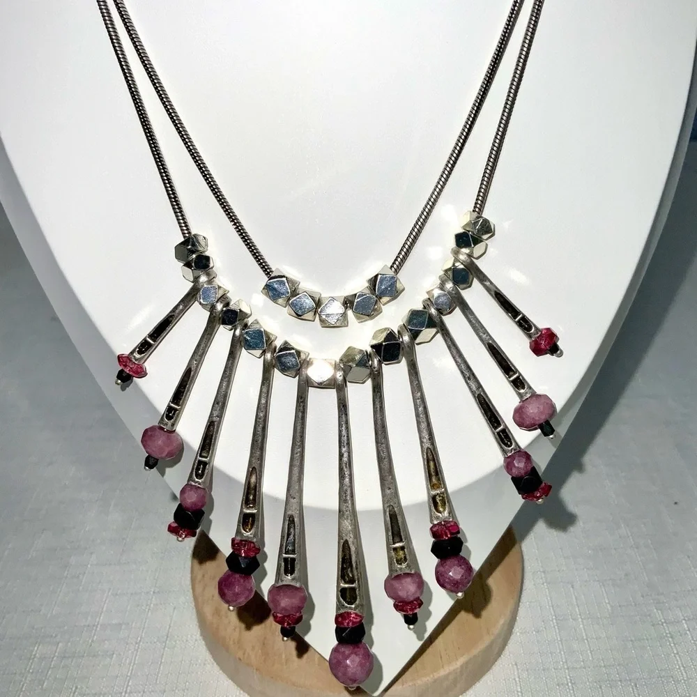 Chico’s Silver Purple Studs Beads Spikes Modern Statement Double Necklace 18-20”